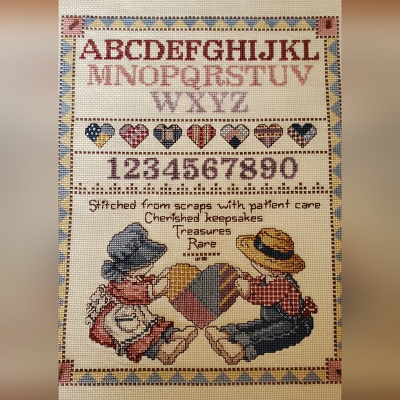 VTG 80s Cross Stitch Country Sampler Completed Alphabet Numbers Heart embroidery - Picture 3 of 5